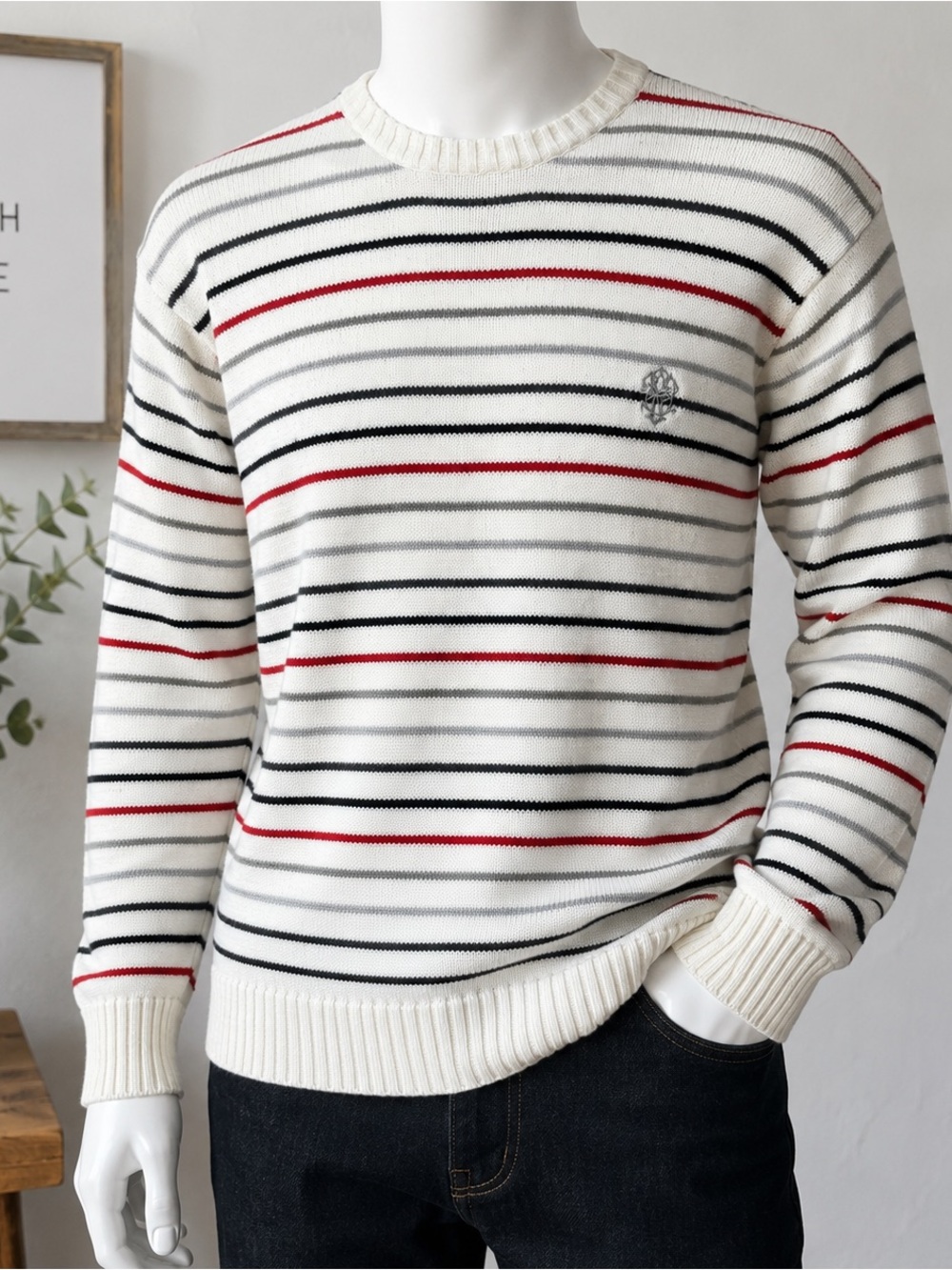 South Pole Men's Crewneck Sweater in Cream with Black & Red Stripes